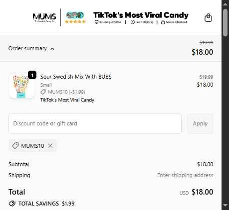 MUMS checkout page showing MUMS discount code box | Screenshot taken by SimplyCodes community member on Jan 24, 2026
