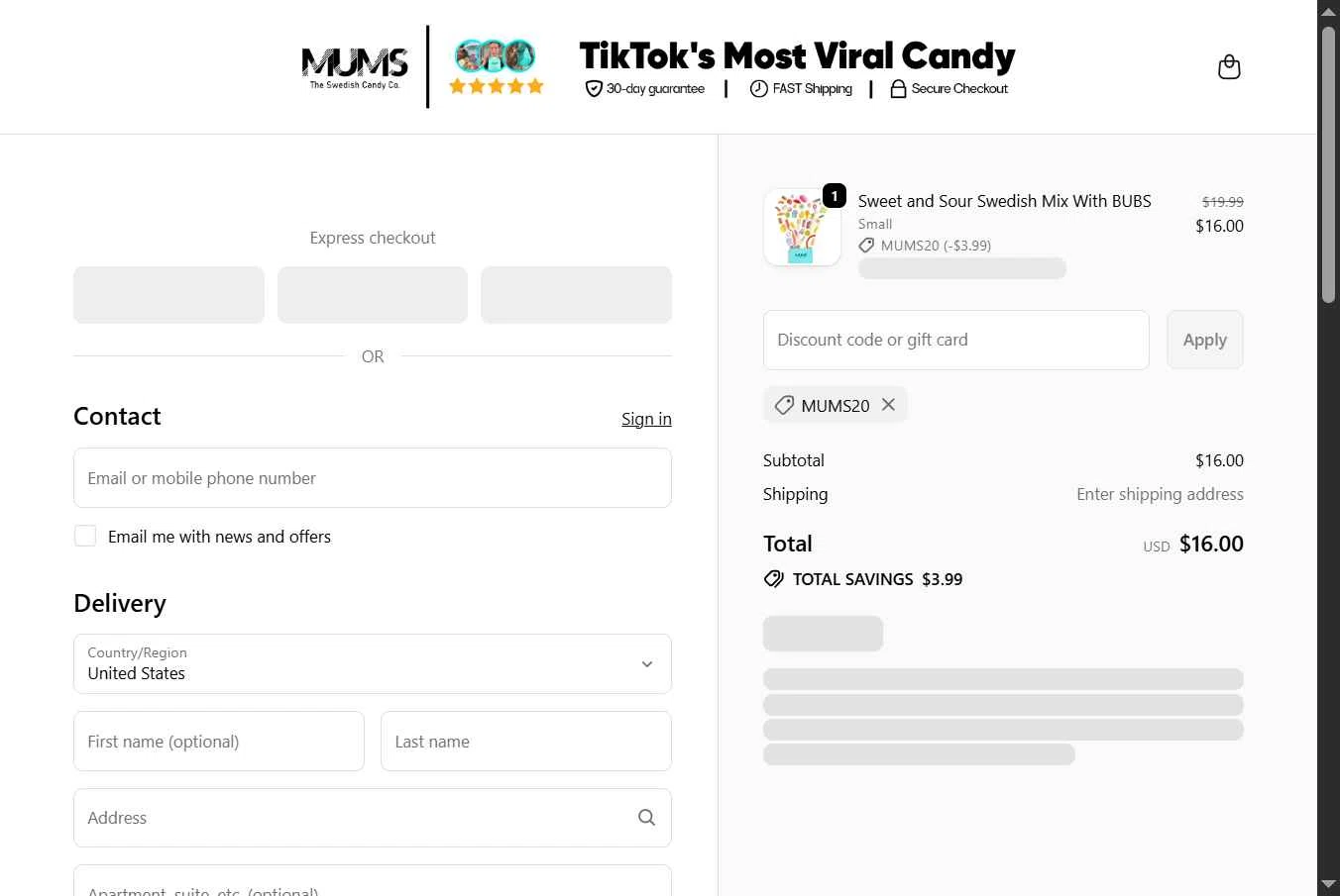 MUMS checkout page showing MUMS discount code box | Screenshot taken by SimplyCodes community member on Jan 24, 2026