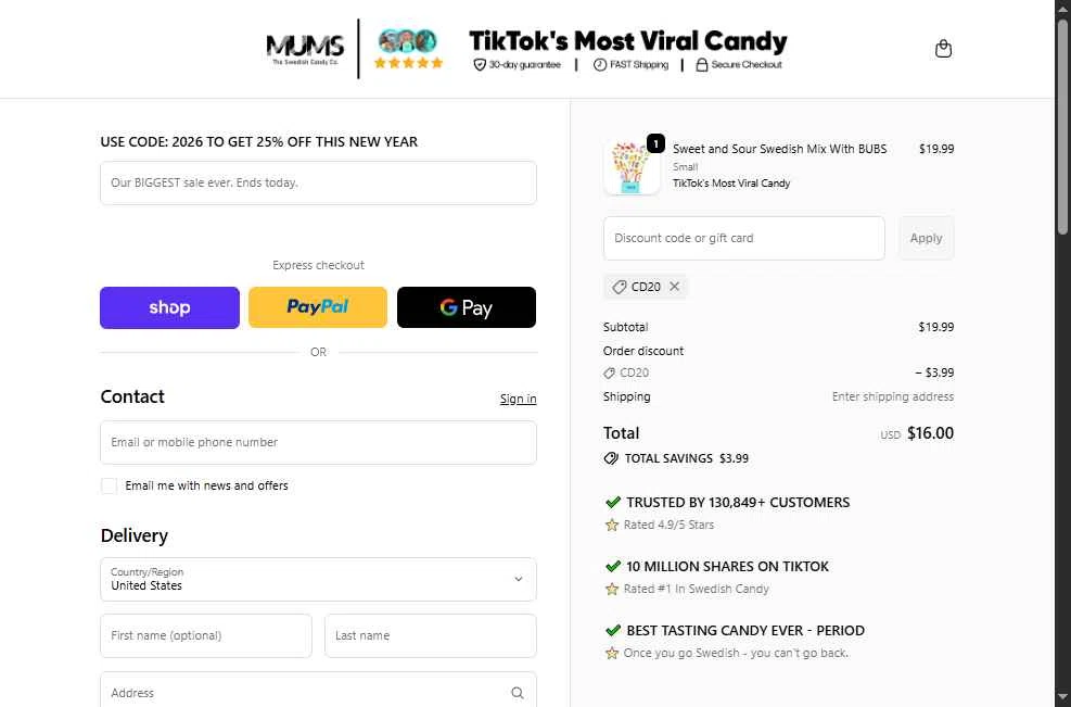 MUMS checkout page showing MUMS discount code box | Screenshot taken by SimplyCodes community member on Jan 4, 2026