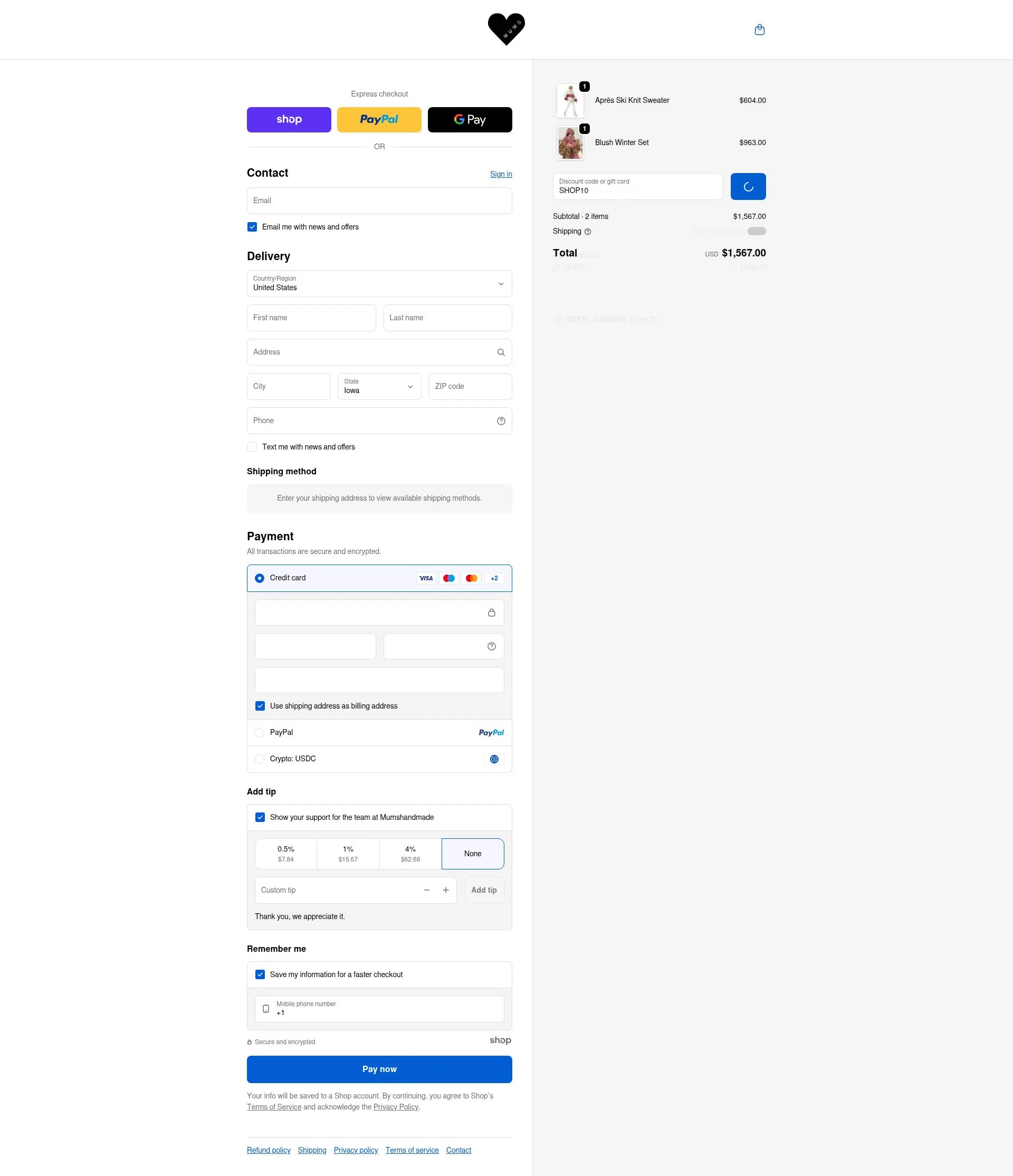 Mum's Handmade checkout page showing Mum's Handmade promo code box | Screenshot taken by SimplyCodes community member on Dec 21, 2025