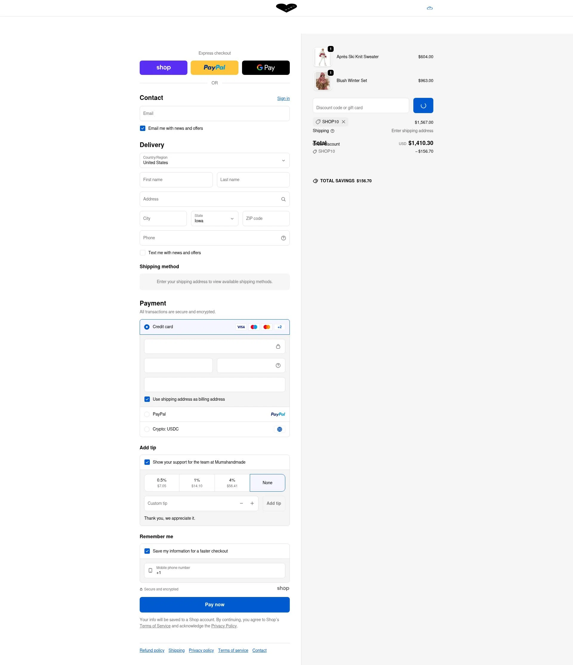 Mum's Handmade checkout page showing Mum's Handmade promo code box | Screenshot taken by SimplyCodes community member on Dec 31, 2025