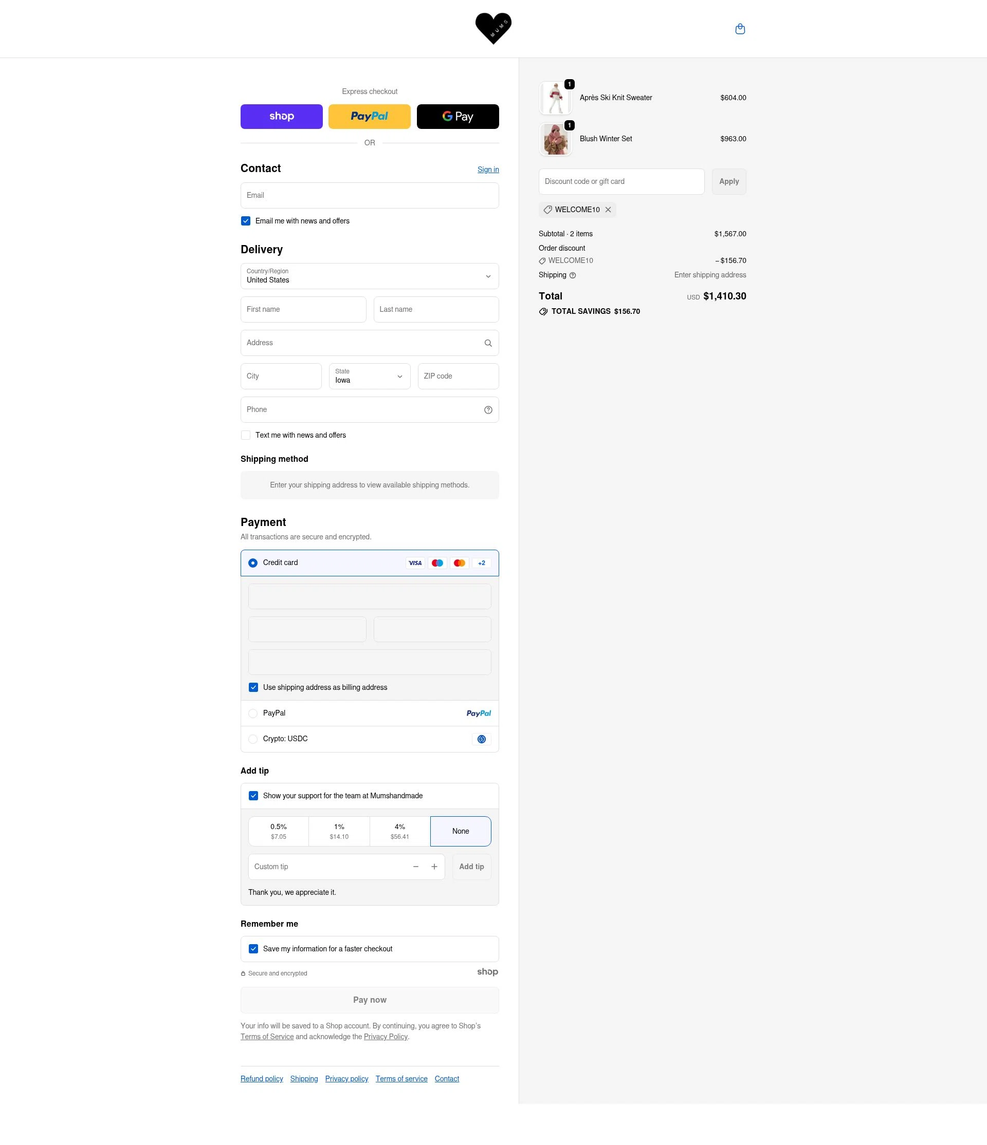 Mum's Handmade checkout page showing Mum's Handmade promo code box | Screenshot taken by SimplyCodes community member on Dec 31, 2025