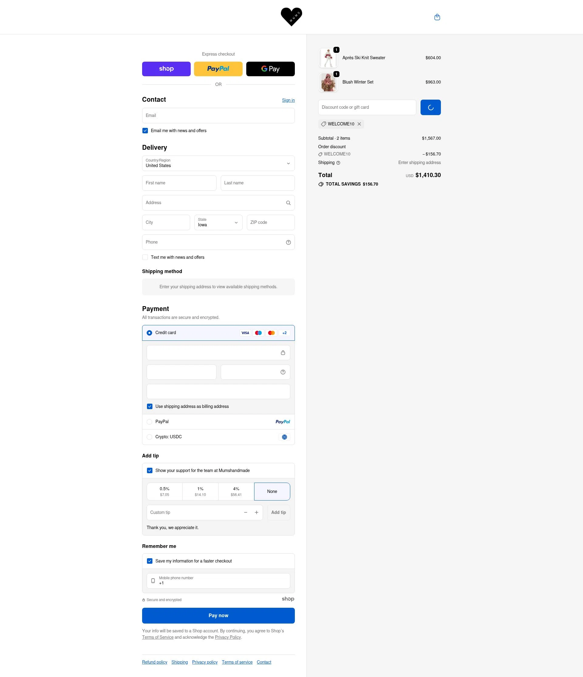 Mum's Handmade checkout page showing Mum's Handmade promo code box | Screenshot taken by SimplyCodes community member on Dec 26, 2025