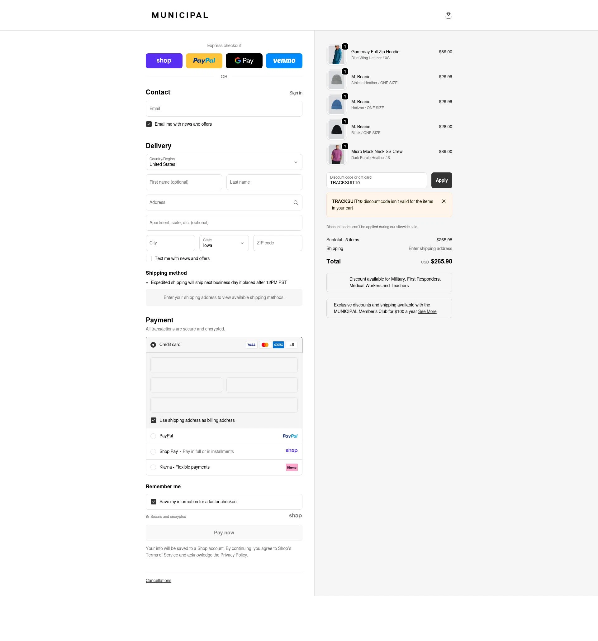 MUNICIPAL checkout page showing MUNICIPAL discount code box | Screenshot taken by SimplyCodes community member on Dec 11, 2025