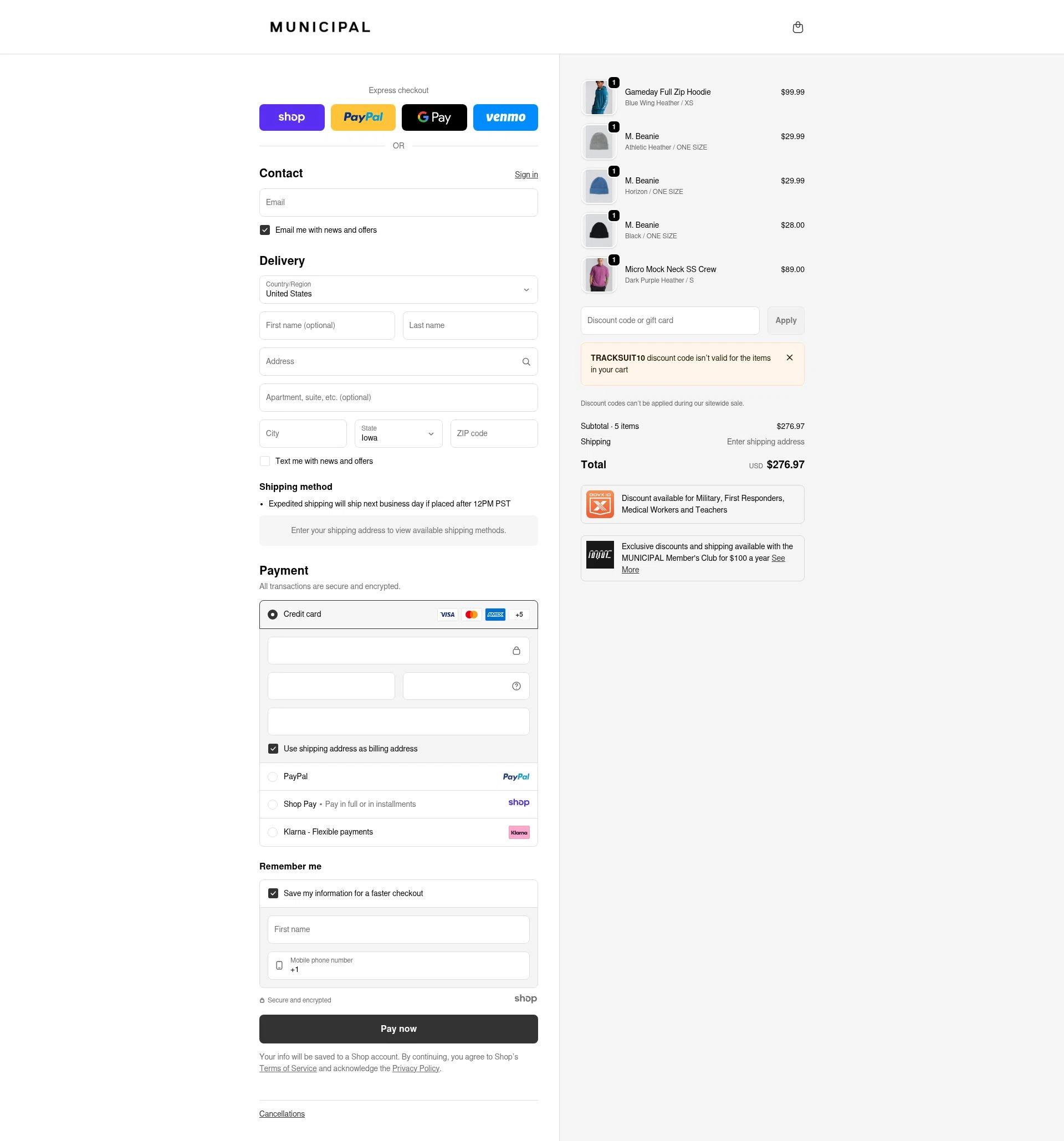 MUNICIPAL checkout page showing MUNICIPAL discount code box | Screenshot taken by SimplyCodes community member on Dec 17, 2025