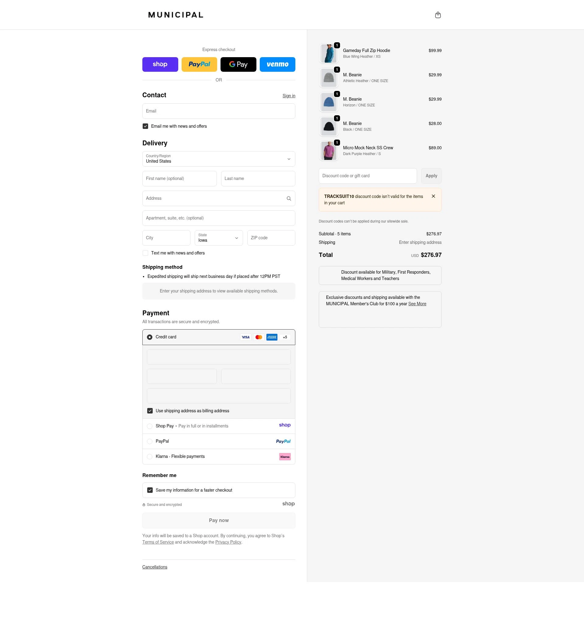 MUNICIPAL checkout page showing MUNICIPAL discount code box | Screenshot taken by SimplyCodes community member on Dec 29, 2025