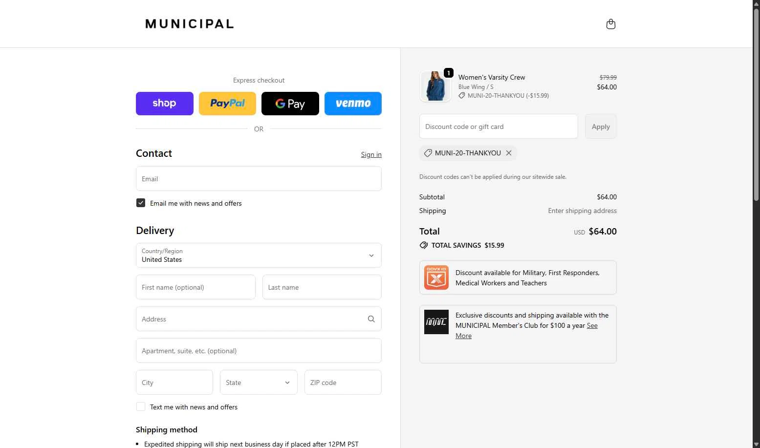 MUNICIPAL checkout page showing MUNICIPAL discount code box | Screenshot taken by SimplyCodes community member on Dec 22, 2025