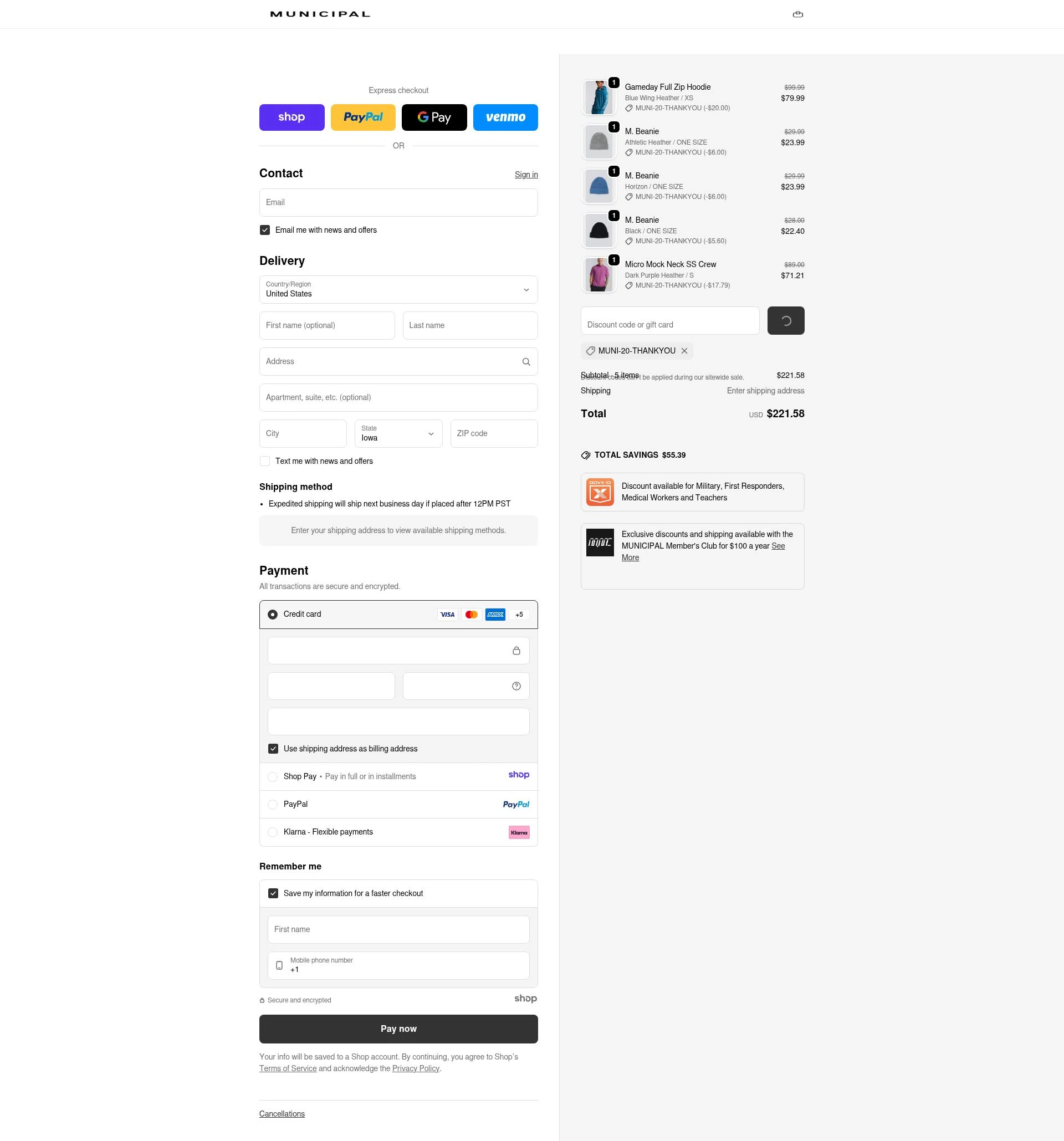 MUNICIPAL checkout page showing MUNICIPAL discount code box | Screenshot taken by SimplyCodes community member on Dec 29, 2025
