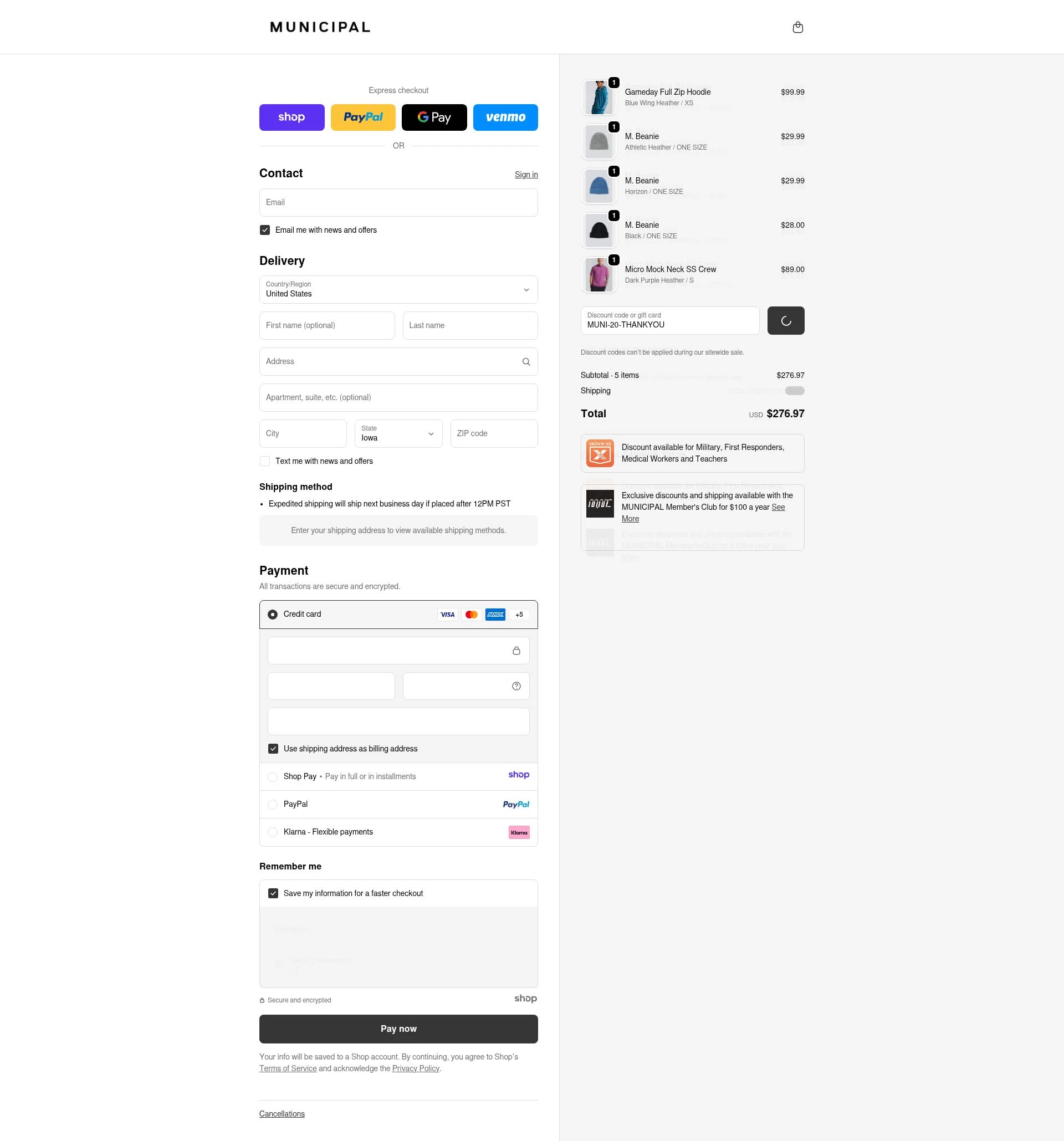 MUNICIPAL checkout page showing MUNICIPAL discount code box | Screenshot taken by SimplyCodes community member on Dec 24, 2025