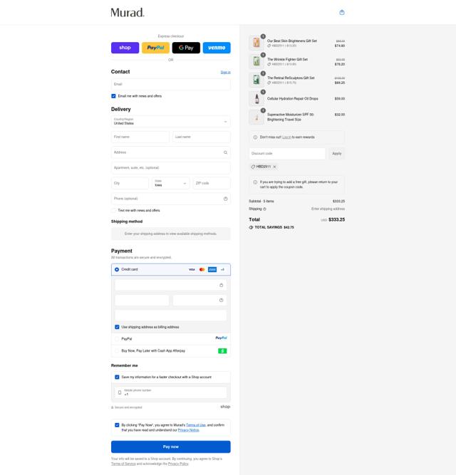 Murad Skin Care checkout page showing Murad Skin Care promo code box | Screenshot taken by SimplyCodes community member on Sep 14, 2025