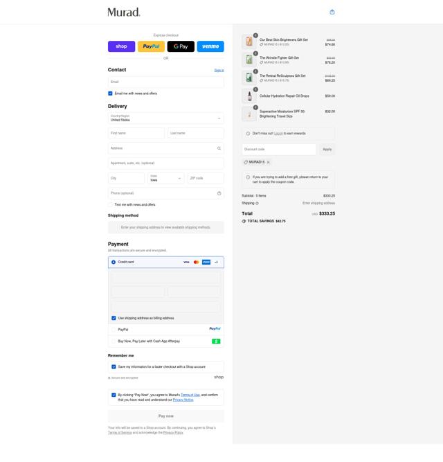 Murad Skin Care checkout page showing Murad Skin Care promo code box | Screenshot taken by SimplyCodes community member on Sep 14, 2025