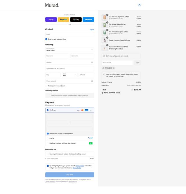 Murad Skin Care checkout page showing Murad Skin Care promo code box | Screenshot taken by SimplyCodes community member on Sep 14, 2025