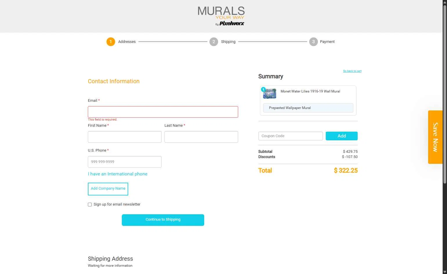 Murals Your Way checkout page showing Murals Your Way coupon code box | Screenshot taken by SimplyCodes community member on Oct 13, 2025