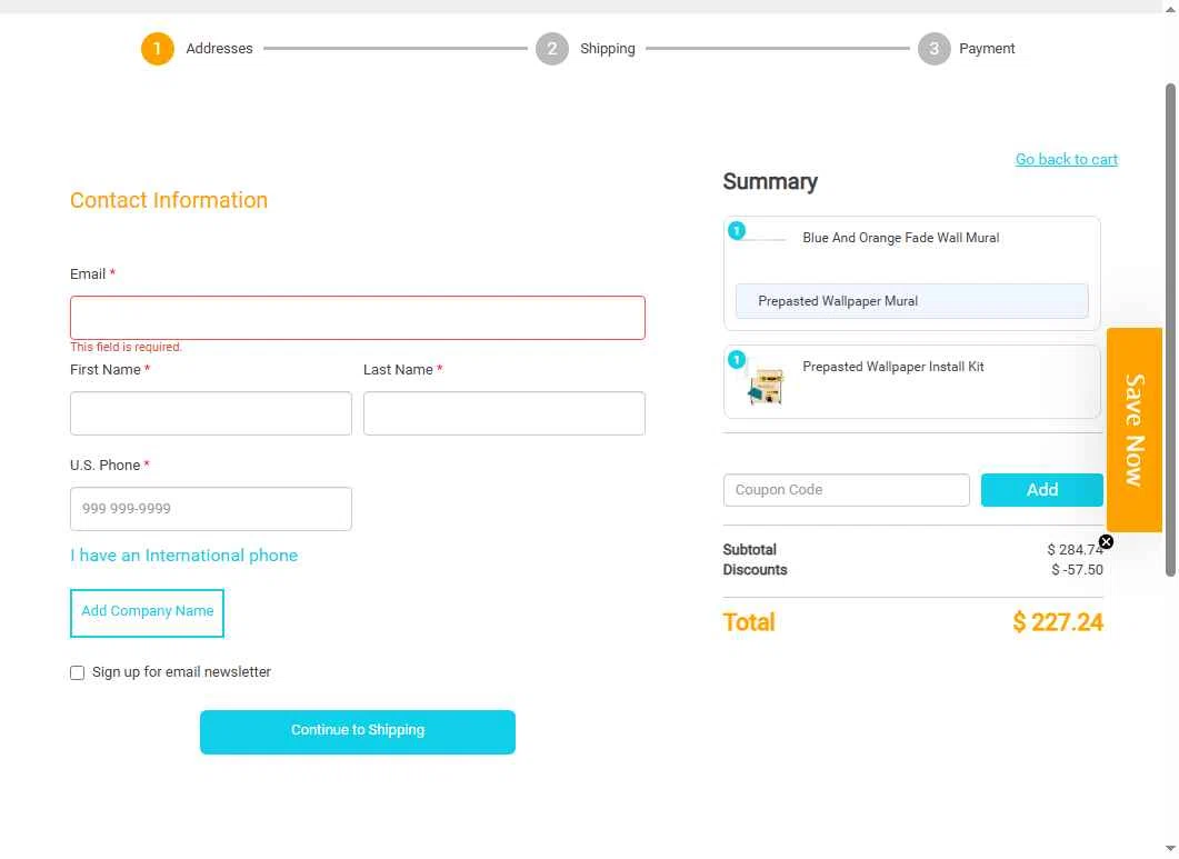 Murals Your Way checkout page showing Murals Your Way coupon code box | Screenshot taken by SimplyCodes community member on Dec 6, 2025