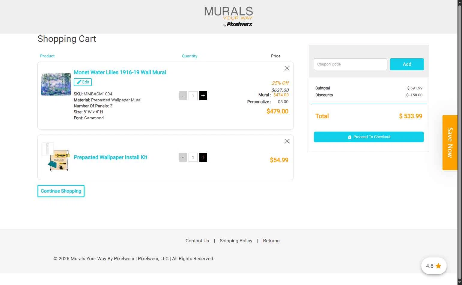 Murals Your Way checkout page showing Murals Your Way coupon code box | Screenshot taken by SimplyCodes community member on Nov 10, 2025
