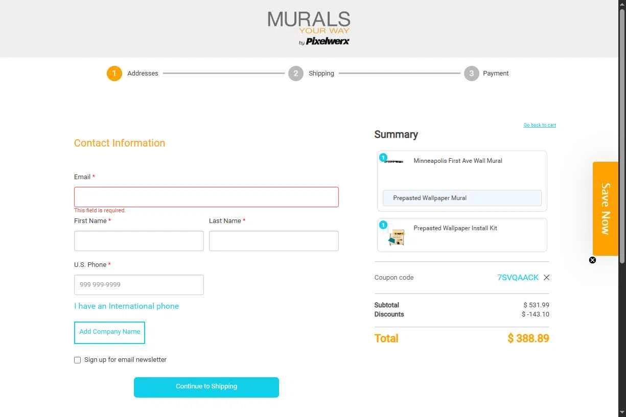 Murals Your Way checkout page showing Murals Your Way coupon code box | Screenshot taken by SimplyCodes community member on Dec 6, 2025