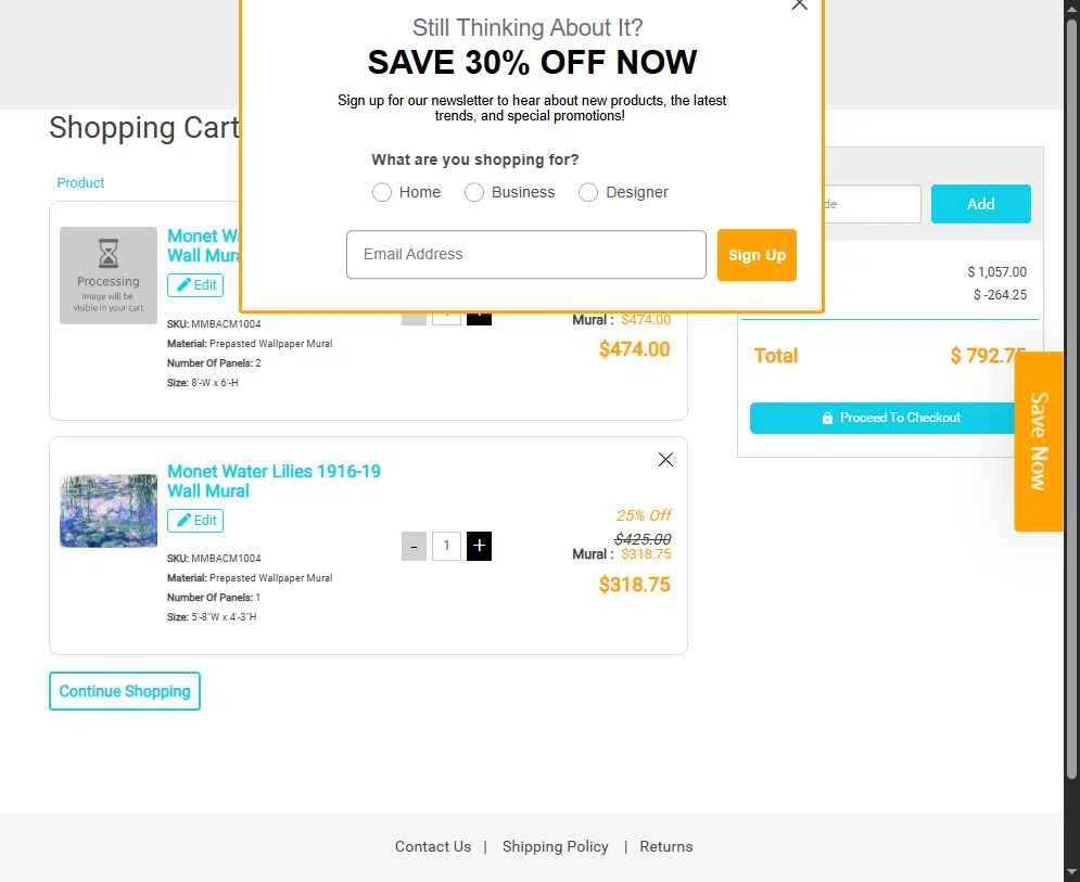 Murals Your Way checkout page showing Murals Your Way coupon code box | Screenshot taken by SimplyCodes community member on Nov 10, 2025