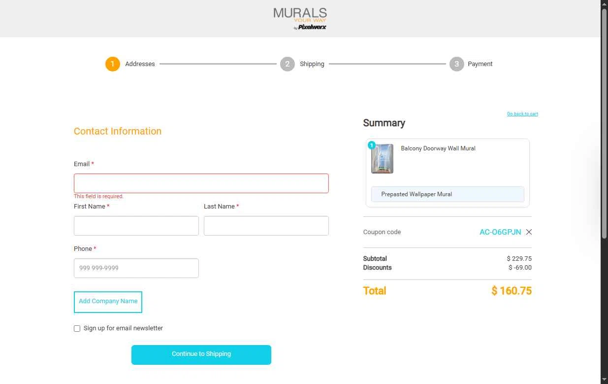 Murals Your Way checkout page showing Murals Your Way coupon code box | Screenshot taken by SimplyCodes community member on Aug 23, 2025