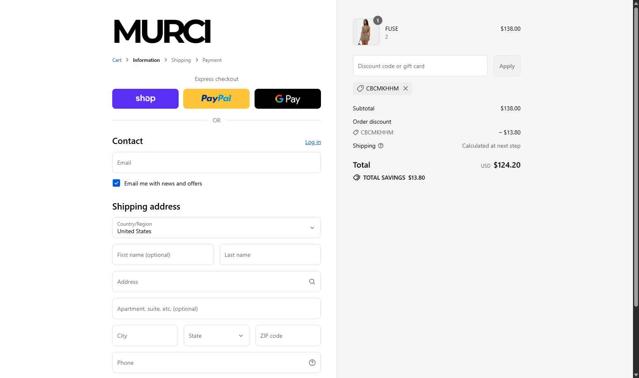 Murci checkout page showing Murci discount code box | Screenshot taken by SimplyCodes community member on Sep 5, 2025
