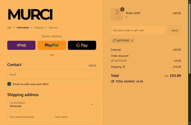 Murci checkout page showing Murci discount code box | Screenshot taken by SimplyCodes community member on Sep 5, 2025