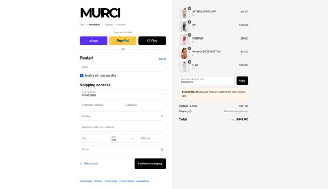 Murci checkout page showing Murci discount code box | Screenshot taken by SimplyCodes community member on Sep 12, 2025