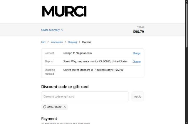 Murci checkout page showing Murci discount code box | Screenshot taken by SimplyCodes community member on Sep 12, 2025