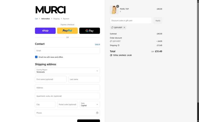 Murci checkout page showing Murci discount code box | Screenshot taken by SimplyCodes community member on Sep 4, 2025