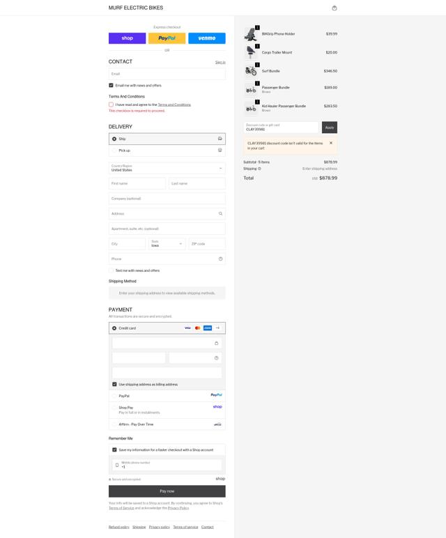 Murf Electric Bikes checkout page showing Murf Electric Bikes promo code box | Screenshot taken by SimplyCodes community member on Oct 4, 2025