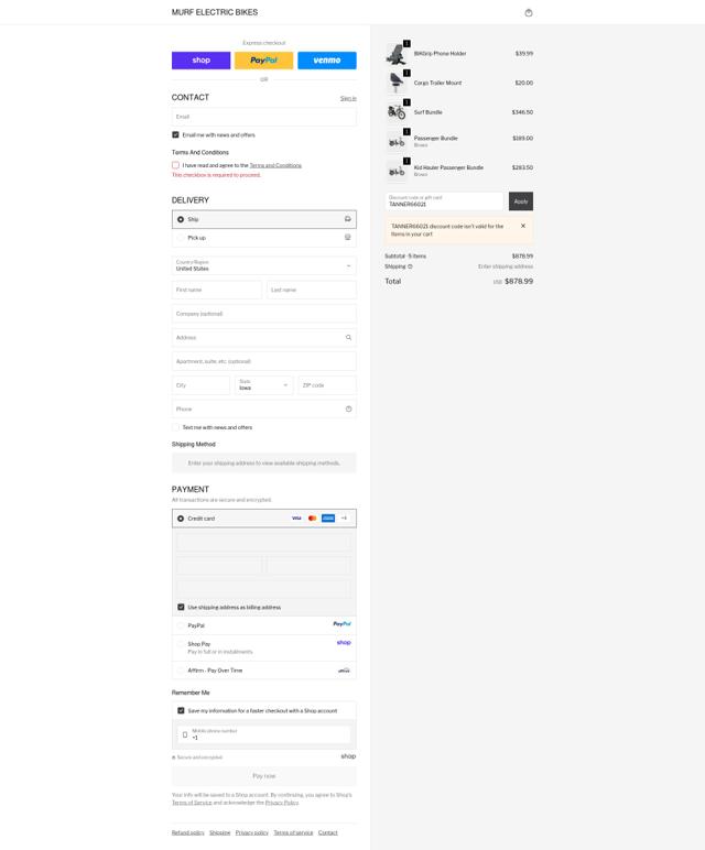 Murf Electric Bikes checkout page showing Murf Electric Bikes promo code box | Screenshot taken by SimplyCodes community member on Oct 4, 2025