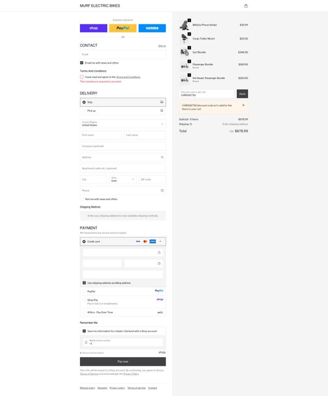 Murf Electric Bikes checkout page showing Murf Electric Bikes promo code box | Screenshot taken by SimplyCodes community member on Oct 4, 2025