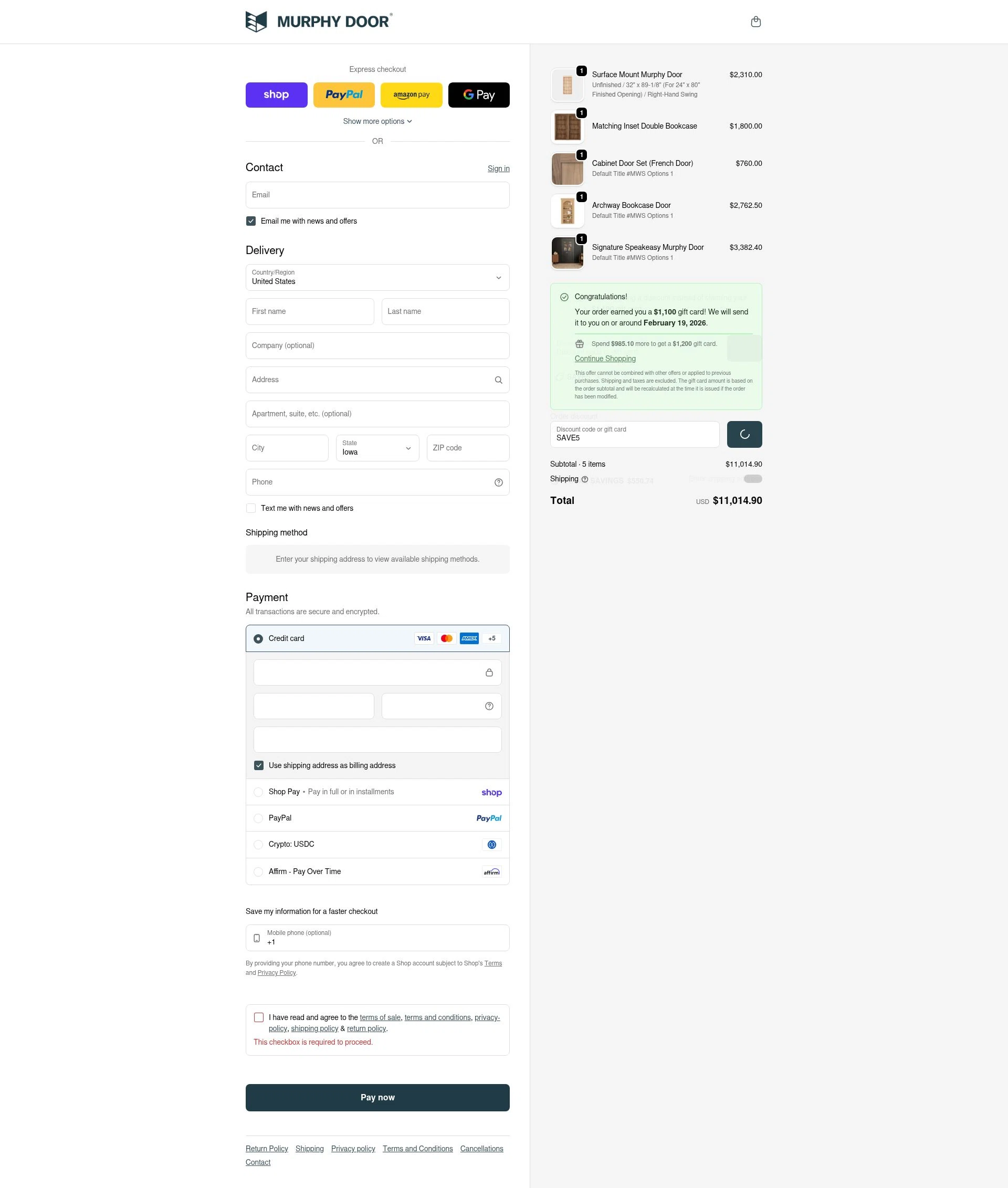 Murphy Door checkout page showing Murphy Door discount code box | Screenshot taken by SimplyCodes community member on Feb 5, 2026