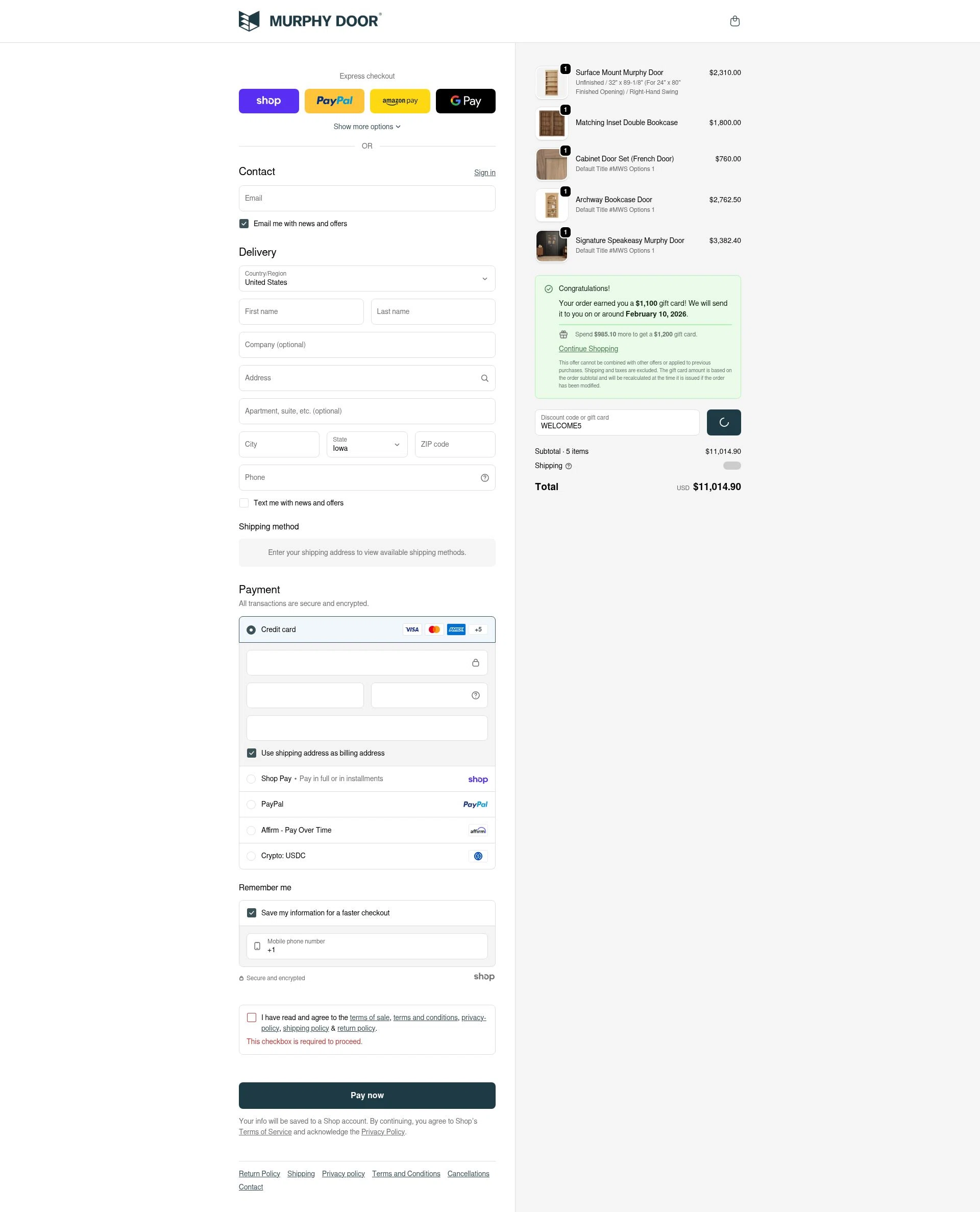 Murphy Door checkout page showing Murphy Door discount code box | Screenshot taken by SimplyCodes community member on Jan 27, 2026