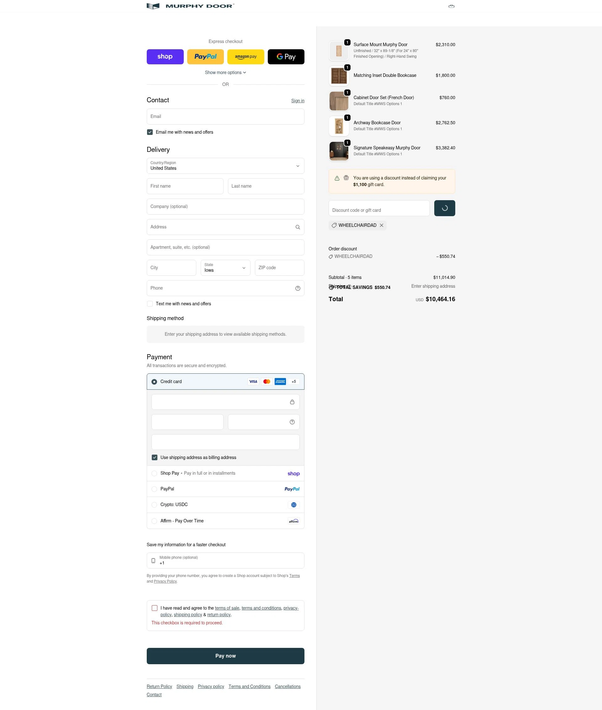 Murphy Door checkout page showing Murphy Door discount code box | Screenshot taken by SimplyCodes community member on Feb 5, 2026