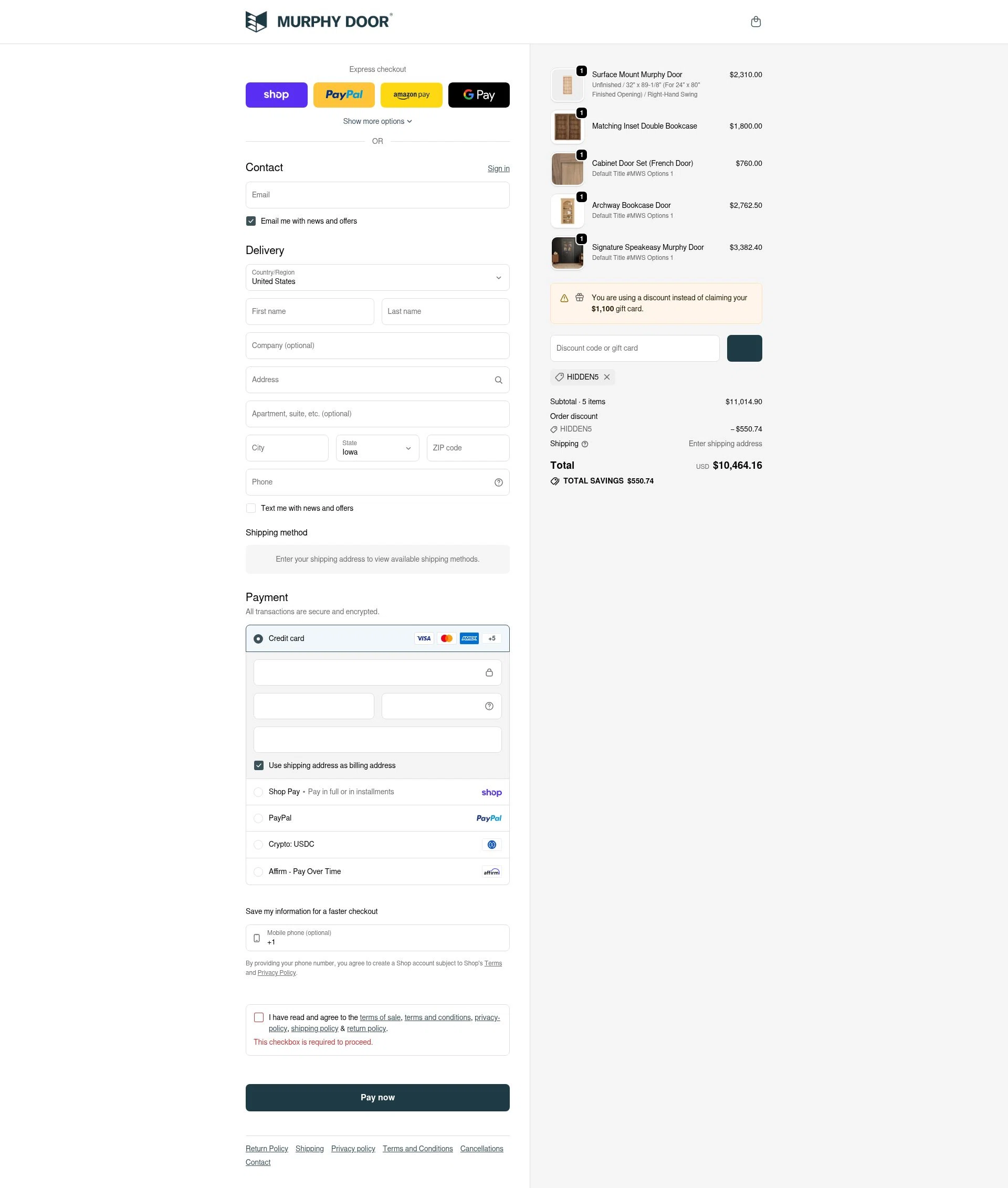 Murphy Door checkout page showing Murphy Door discount code box | Screenshot taken by SimplyCodes community member on Feb 5, 2026