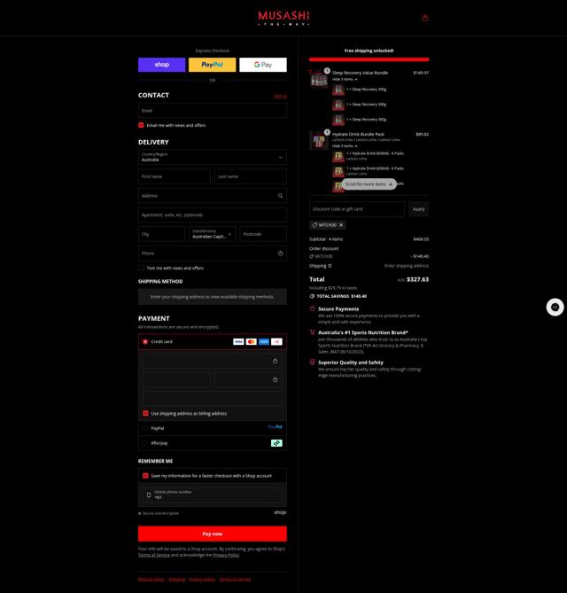 Musashi checkout page showing Musashi discount code box | Screenshot taken by SimplyCodes community member on Sep 12, 2025