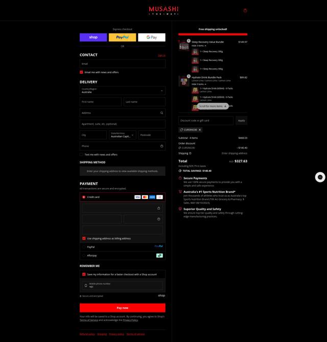 Musashi checkout page showing Musashi discount code box | Screenshot taken by SimplyCodes community member on Sep 12, 2025