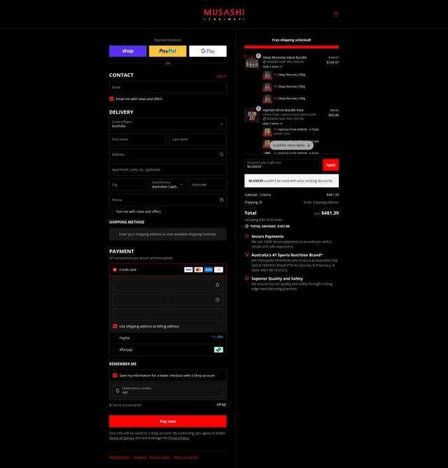 Musashi checkout page showing Musashi discount code box | Screenshot taken by SimplyCodes community member on Sep 13, 2025