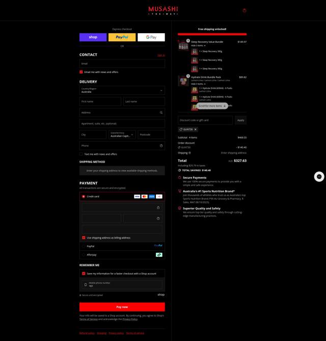 Musashi checkout page showing Musashi discount code box | Screenshot taken by SimplyCodes community member on Sep 12, 2025