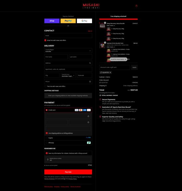 Musashi checkout page showing Musashi discount code box | Screenshot taken by SimplyCodes community member on Sep 12, 2025