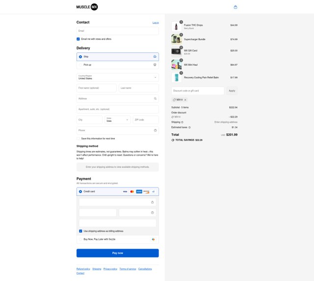 Muscle MX checkout page showing Muscle MX promo code box | Screenshot taken by SimplyCodes community member on Sep 8, 2025