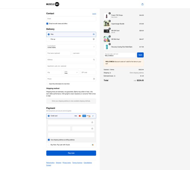 Muscle MX checkout page showing Muscle MX promo code box | Screenshot taken by SimplyCodes community member on Sep 8, 2025