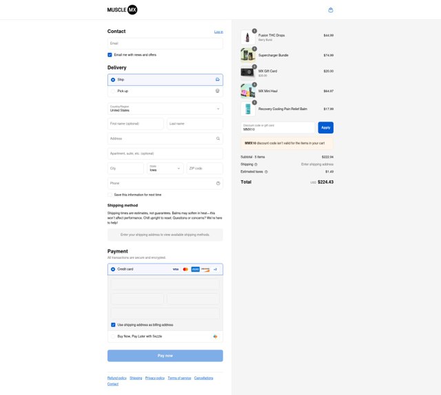 Muscle MX checkout page showing Muscle MX promo code box | Screenshot taken by SimplyCodes community member on Sep 8, 2025