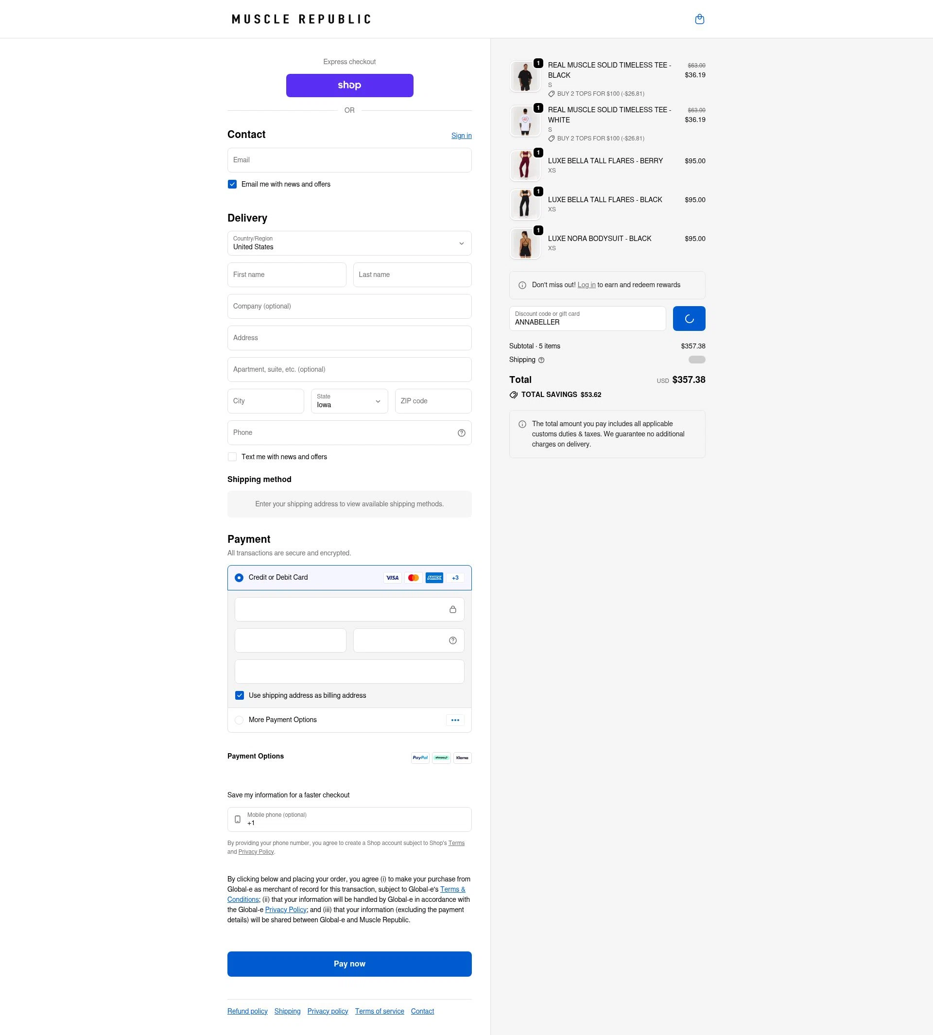 Muscle Republic checkout page showing Muscle Republic discount code box | Screenshot taken by SimplyCodes community member on Feb 17, 2026