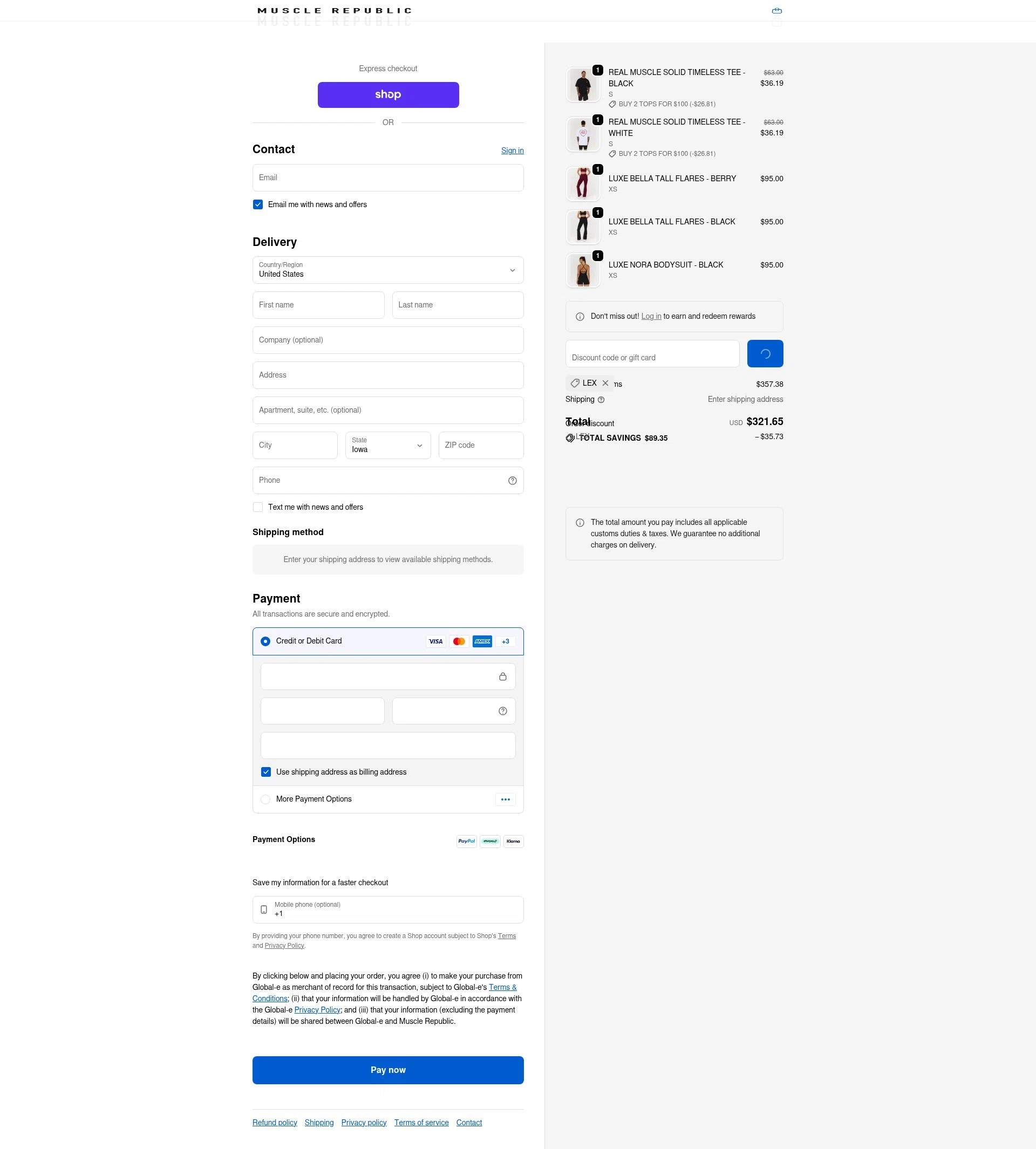 Muscle Republic checkout page showing Muscle Republic discount code box | Screenshot taken by SimplyCodes community member on Feb 17, 2026