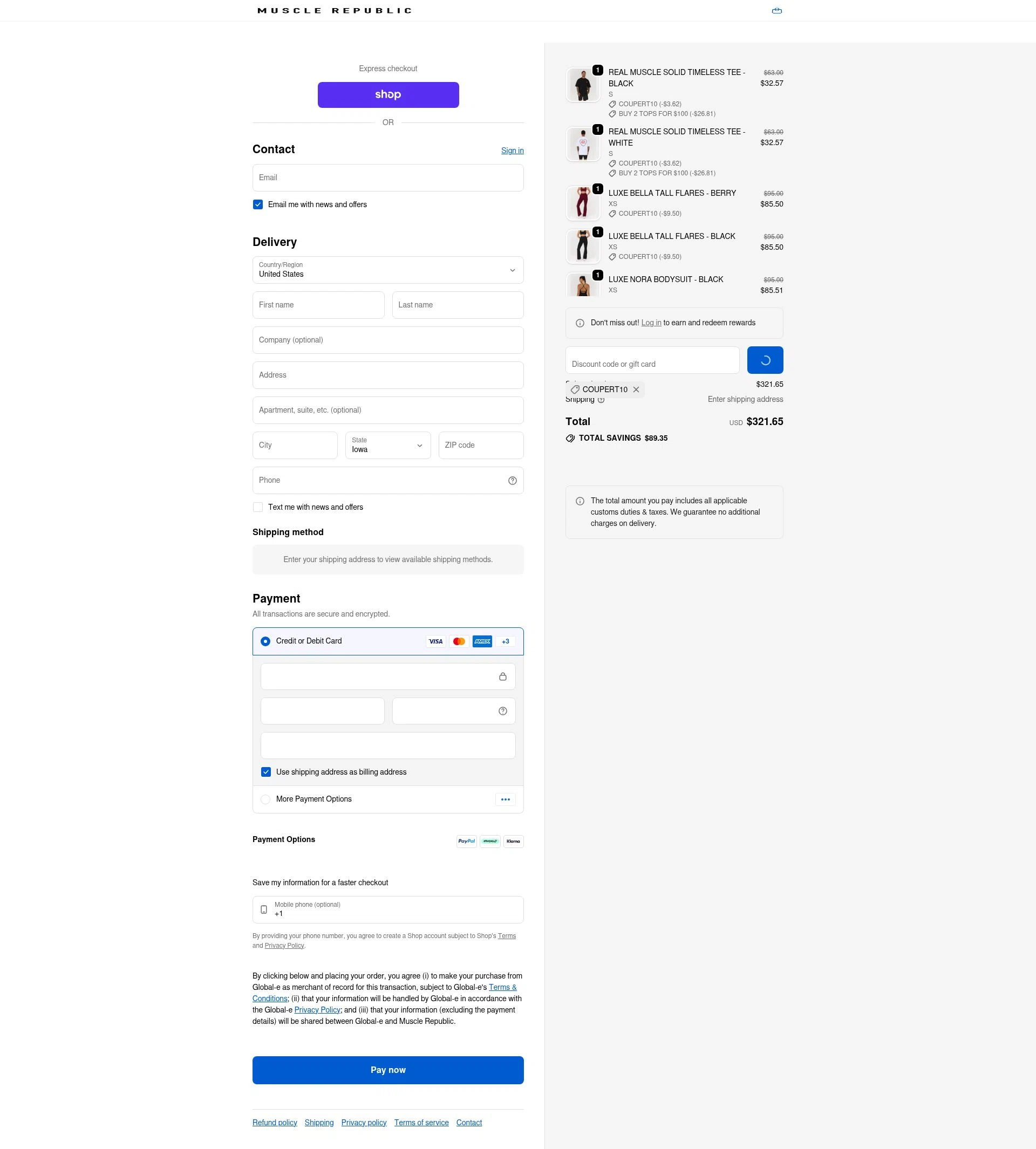 Muscle Republic checkout page showing Muscle Republic discount code box | Screenshot taken by SimplyCodes community member on Feb 17, 2026
