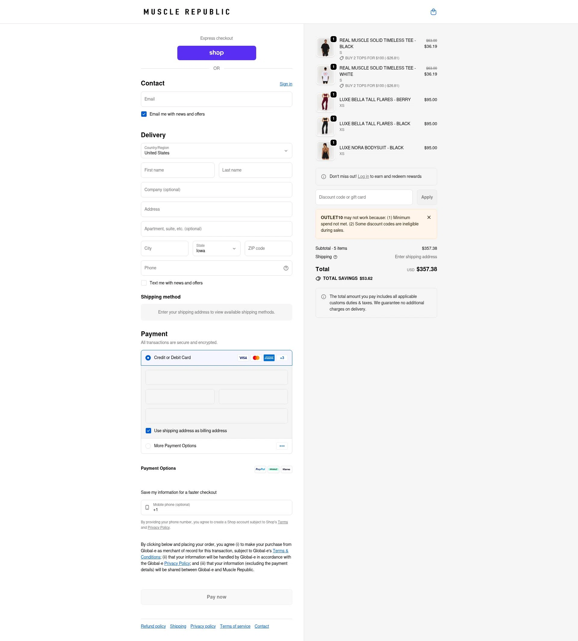 Muscle Republic checkout page showing Muscle Republic discount code box | Screenshot taken by SimplyCodes community member on Feb 17, 2026