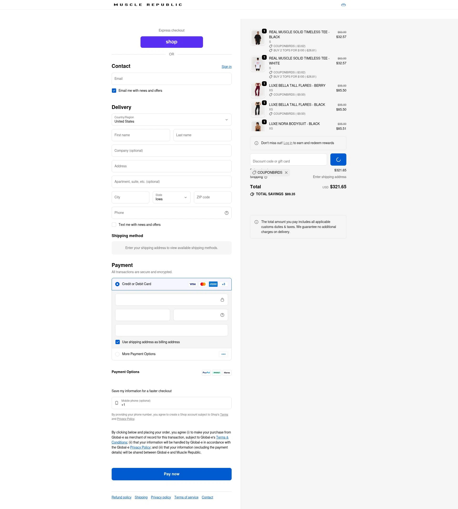 Muscle Republic checkout page showing Muscle Republic discount code box | Screenshot taken by SimplyCodes community member on Feb 17, 2026