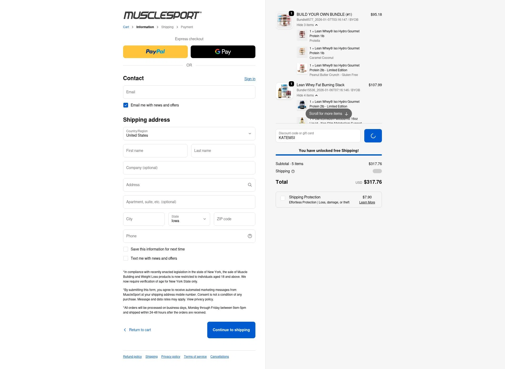 MuscleSport checkout page showing MuscleSport discount code box | Screenshot taken by SimplyCodes community member on Feb 5, 2026