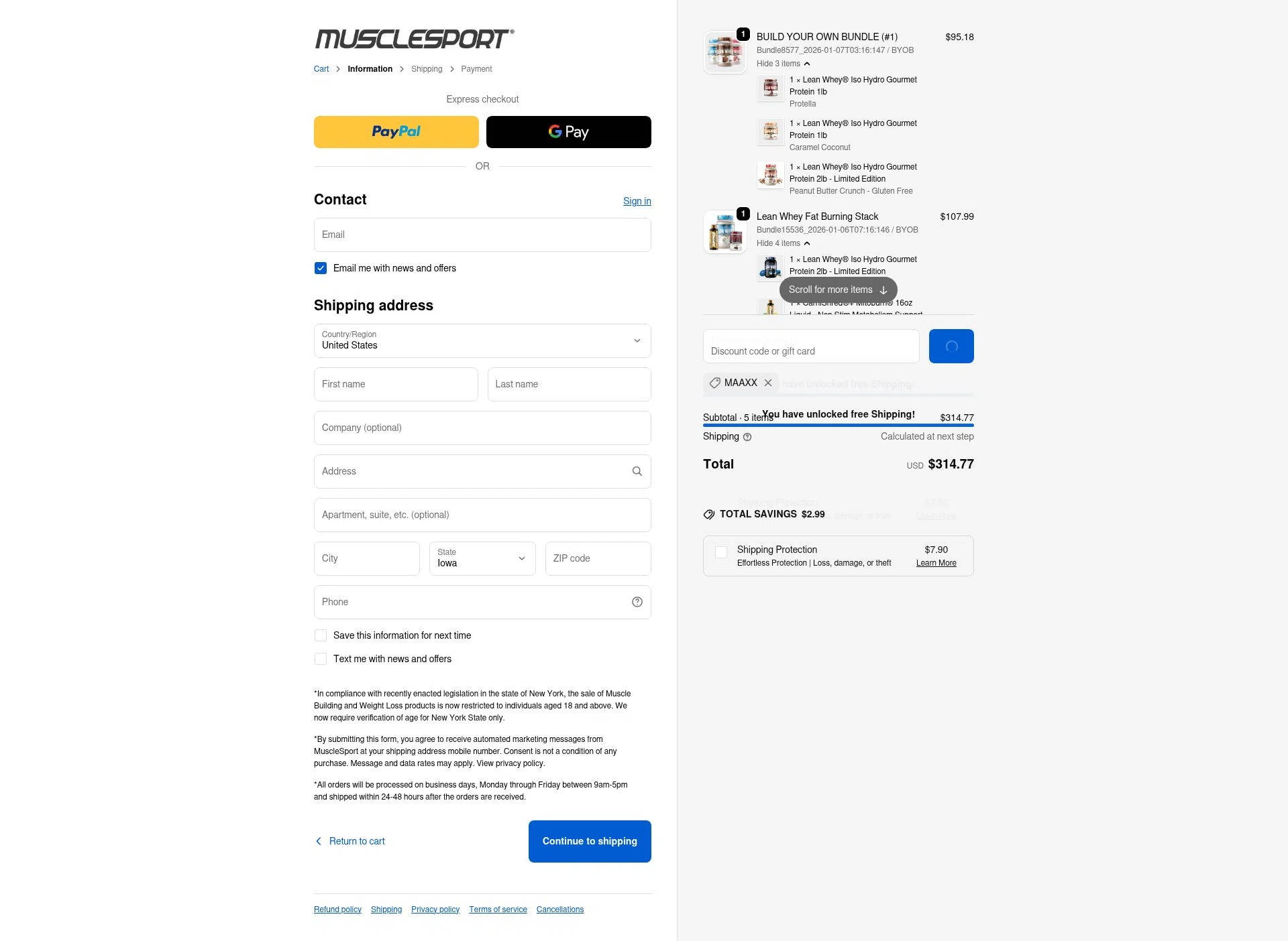MuscleSport checkout page showing MuscleSport discount code box | Screenshot taken by SimplyCodes community member on Feb 5, 2026