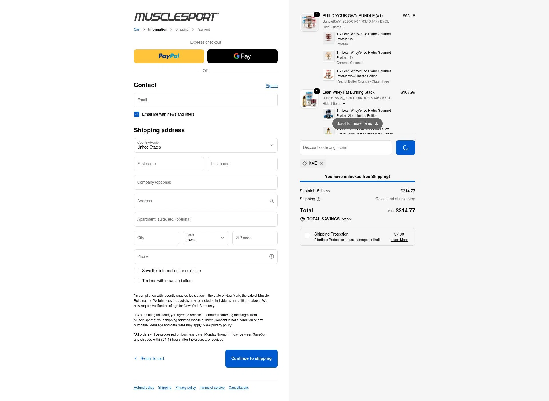 MuscleSport checkout page showing MuscleSport discount code box | Screenshot taken by SimplyCodes community member on Feb 5, 2026